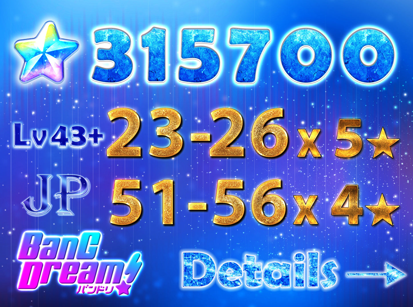 BanG Dream JP Lv43+【23-26 x5⭐️】💎315-318K Gems💎51-56 x4⭐️ Bandori starter【INSTANT SEND】