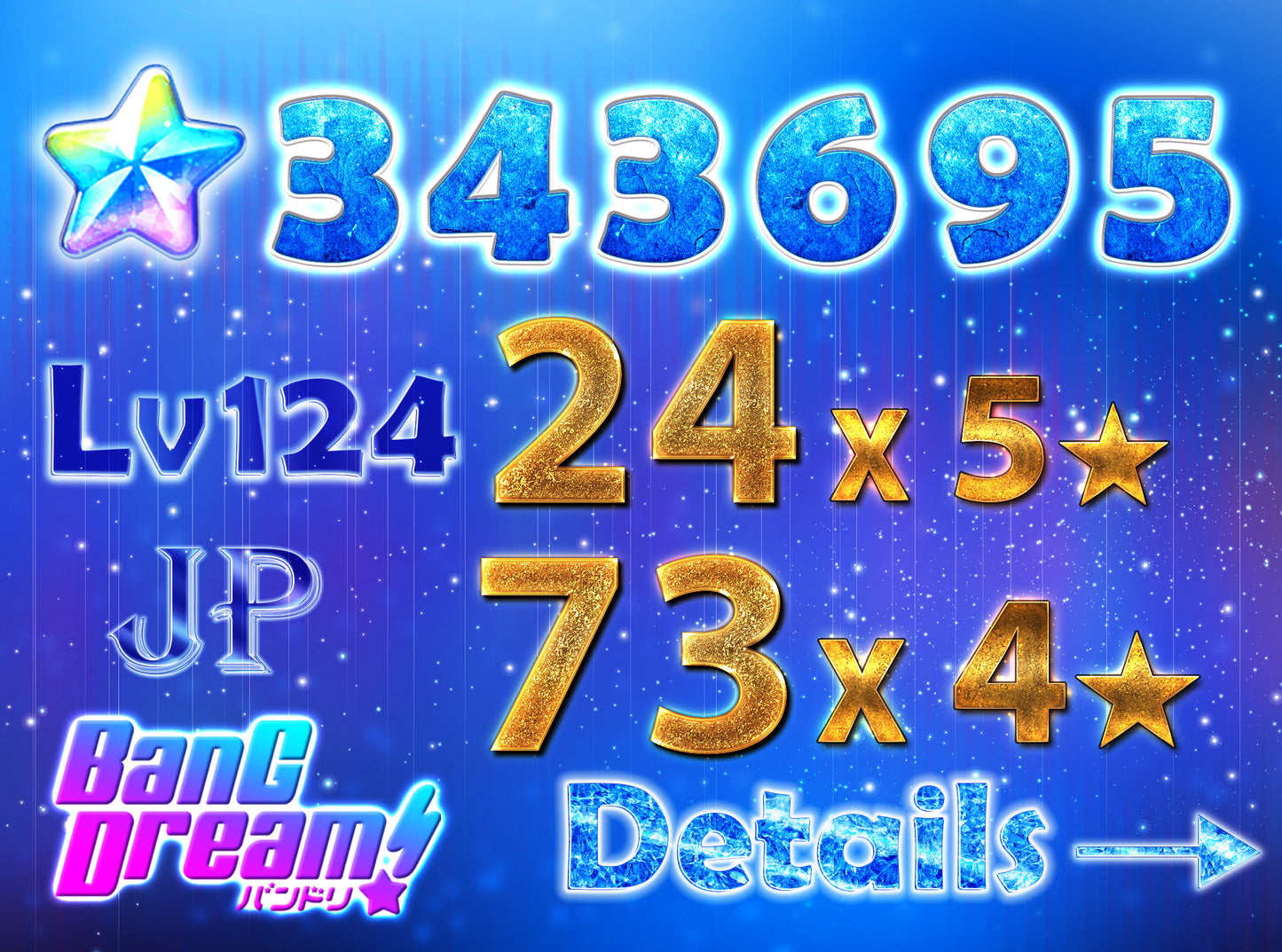 【Send Manually】BanG Dream JP Lv124【24 x5⭐️】💎343,695 Gems💎73x4⭐️ Bandori starter