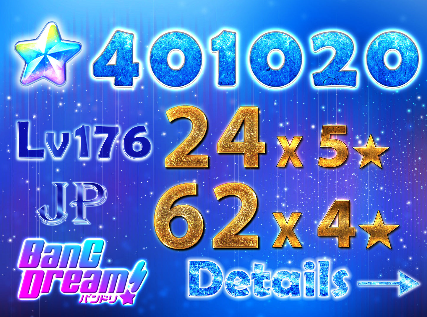 【Send Manually】BanG Dream JP Lv176【24 x5⭐️】💎401,020 Gems💎62x4⭐️ Bandori starter