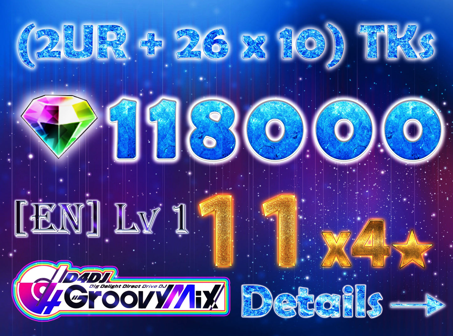D4DJ Groovy Mix EN💎118,000+ Gems💎11 x4⭐️ starter Rank 1【INSTANT SEND】