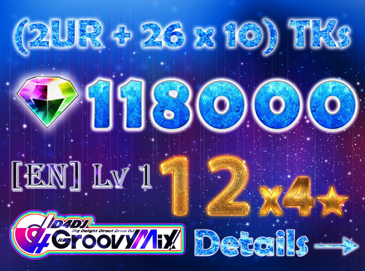 D4DJ Groovy Mix EN💎118,000+ Gems💎12 x4⭐️ starter Rank 1【INSTANT SEND】